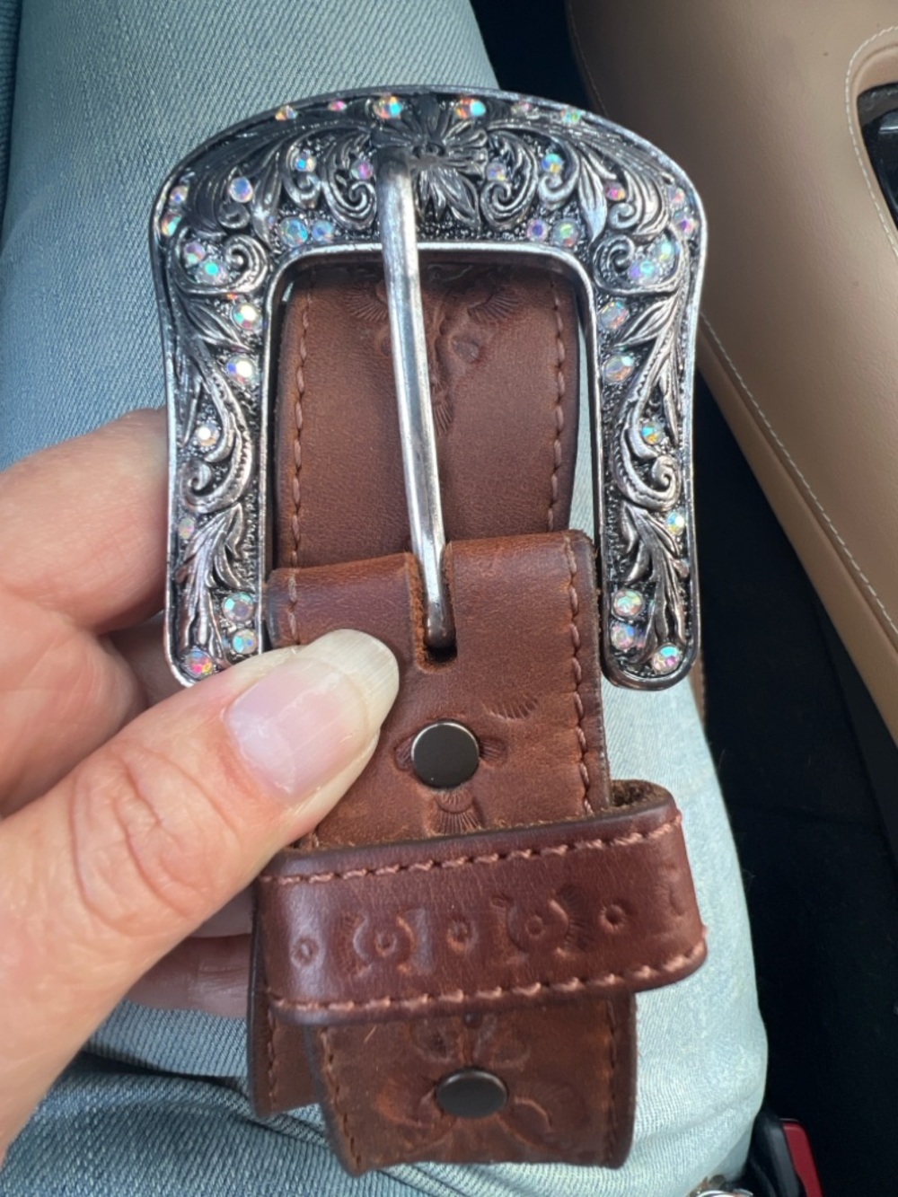 Justin Tooled Leather Western Belt Sz L / 34 Removable Rhinestone Scroll Buckle - Picture 4 of 14